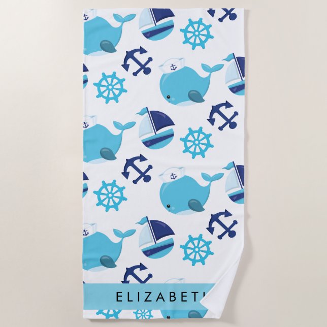 Toalla De Playa Patrón de ballenas, ballenas azules, tu nombre (Anverso)