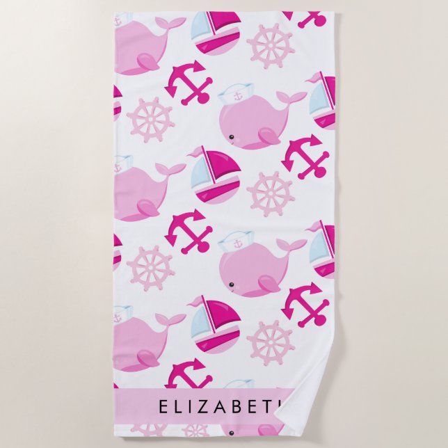 Toalla De Playa Patrón de ballenas, ballenas rosadas, tu nombre (Anverso)