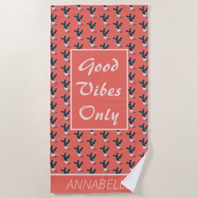 Toalla De Playa Patrón de cactus sólo en las buenas vibraciones de (Anverso)