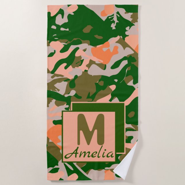 Toalla De Playa Patrón de camuflaje rosa y verde (Anverso)