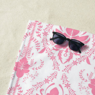 Toalla De Playa patrón de damasco blanco rosado