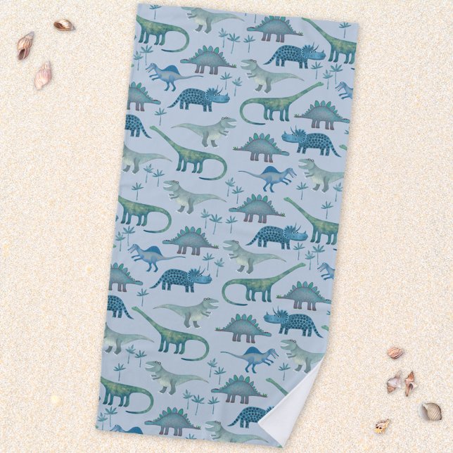 Toalla De Playa Patrón de dinosaurio azul prehistórico (Fun prehistoric dinosaur pattern beach towel for paleontologists of all ages)