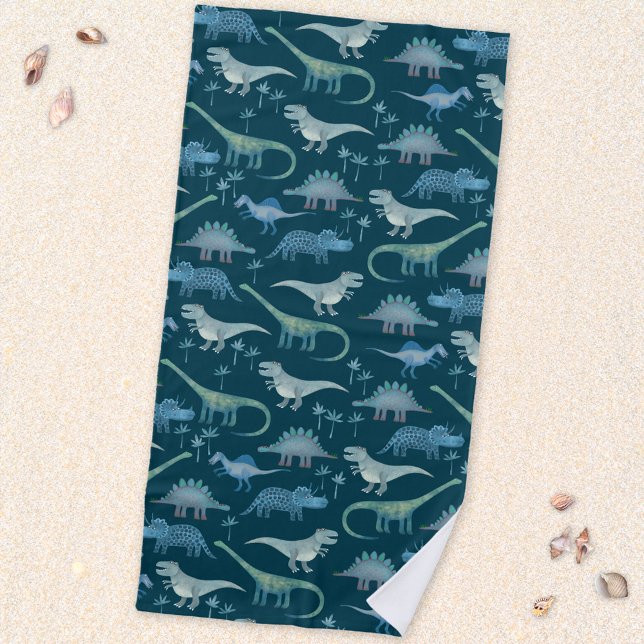 Toalla De Playa Patrón de dinosaurio blanco verde oscuro (Fun prehistoric dinosaur pattern beach towel for paleontologists of all ages)