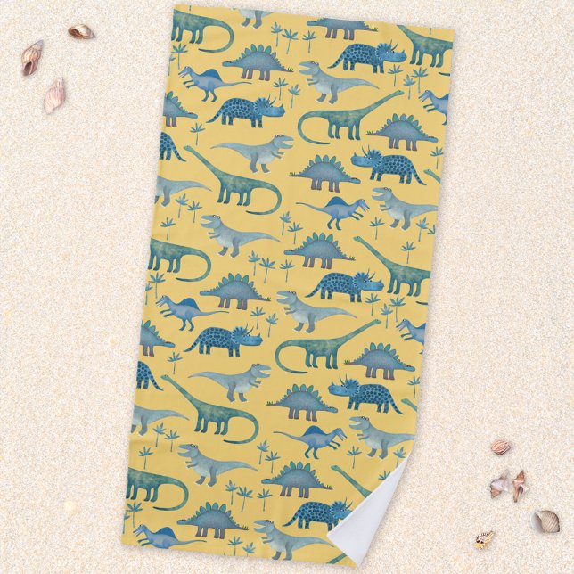 Toalla De Playa Patrón de dinosaurio prehistórico lindo Amarillo (Fun prehistoric dinosaur pattern beach towel for paleontologists of all ages)