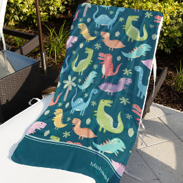 Toalla De Playa Patrón de dinosaurios Azul Monogramado niño niño