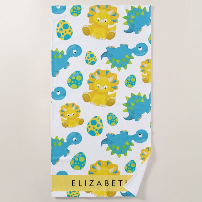 Toalla De Playa Patrón De Dinosaurios, Dinosaurios Cutos, Tu Nombr (Anverso)