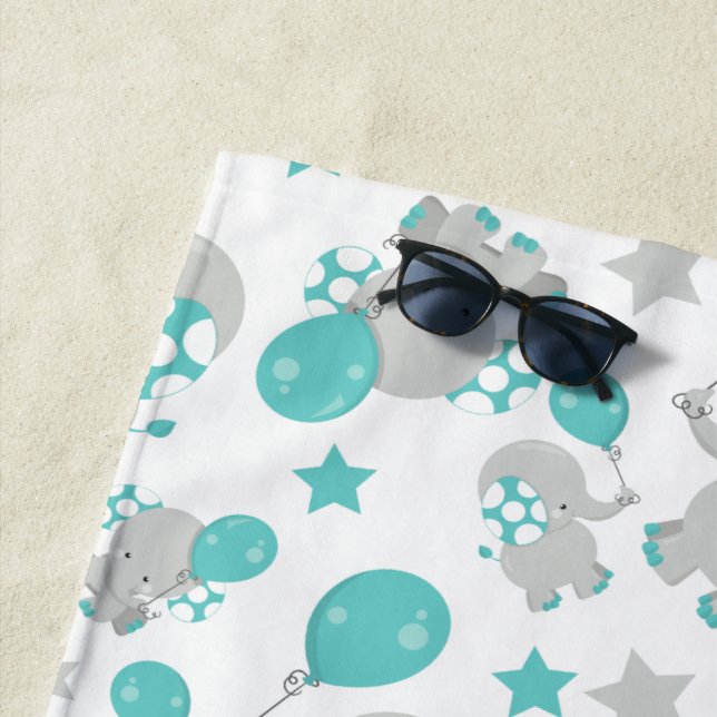 Toalla De Playa Patrón de Elefantes, Elefantes Cutos - Gris Azul (In situ)