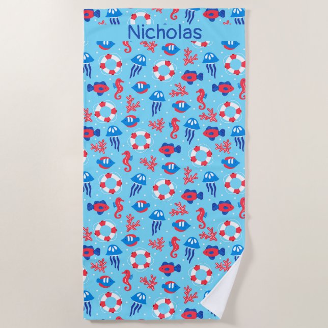 Toalla De Playa Patrón de elementos oceánicos para niños personali (Anverso)