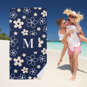 Toalla De Playa Patrón de flor de crema azul marino retro