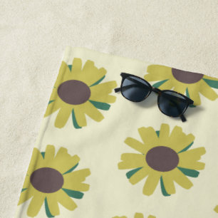 Toalla De Playa Patrón de Flor Simple de Girasol Marrón Verde Amar
