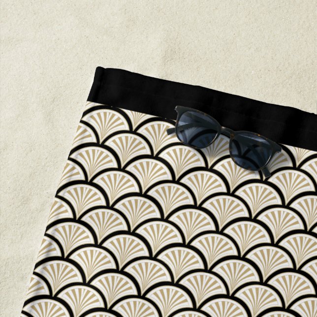 Toalla De Playa Patrón de flores abstractas beige y negro art-deco (In situ)