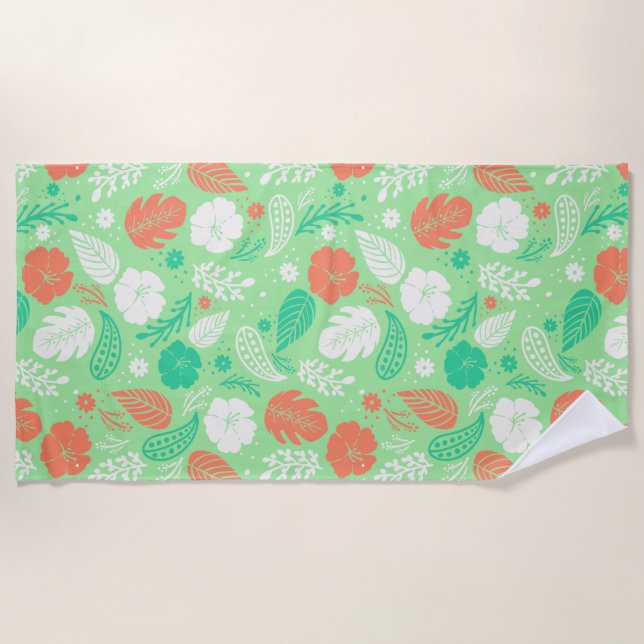 Toalla De Playa Patrón de follaje tropical verde y Naranja (Anverso)