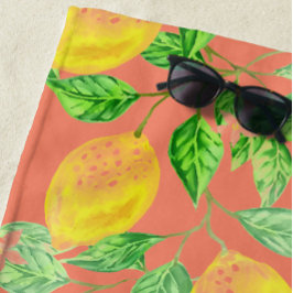 Toalla De Playa Patrón de fruta de limón amarillo y rosa melocotón