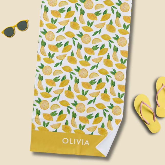 Toalla De Playa Patrón de fruta de limón cítrico (Lemon beach towel with personalized name or choice of text)