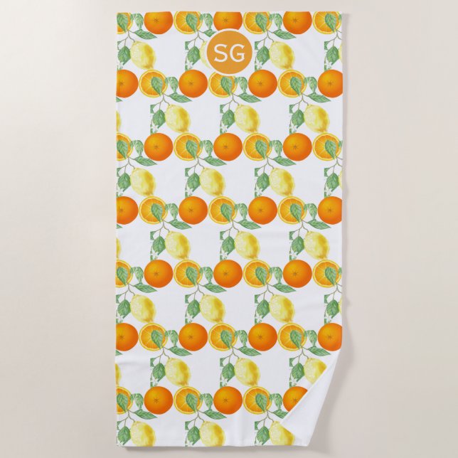 Toalla De Playa Patrón de Frutas Cítricas Limón Naranja  (Anverso)