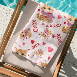 Toalla De Playa Patrón de gatito de San Valentín con acuarela XOXO