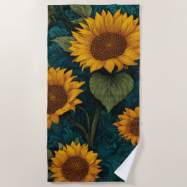 Toalla De Playa Patrón de girasol vintage: diseño de arte botánico