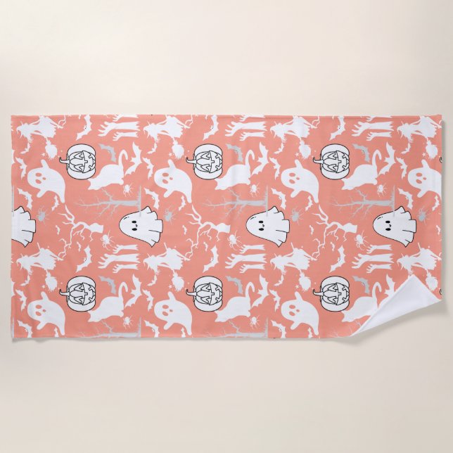 Toalla De Playa Patrón de Halloween. Sombrío y lindo.b L Naranja B (Anverso)