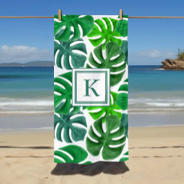 Toalla De Playa Patrón de hoja de palma tropical con monograma