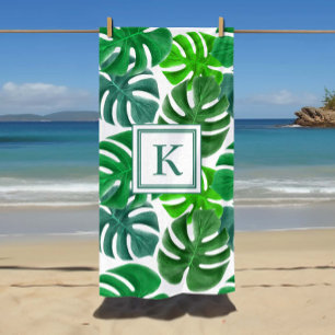 Toalla De Playa Patrón de hoja de palma tropical con monograma