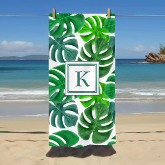 Toalla De Playa Patrón de hoja de palma tropical con monograma