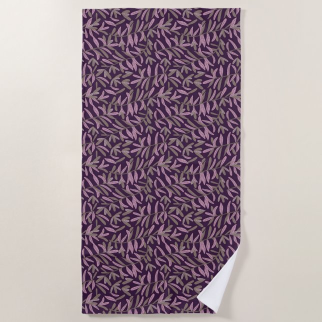 Toalla De Playa Patrón de hoja rosa y verde sobre fondo morado osc (Anverso)