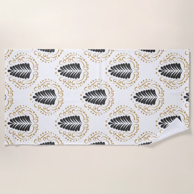 Toalla De Playa Patrón de hojas de paisley de resumen negro y oro (Anverso)