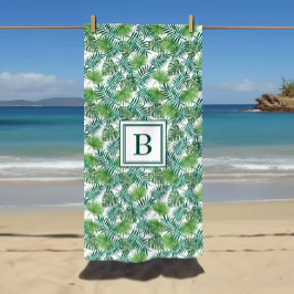 Toalla De Playa Patrón de hojas de palma tropicales monogramadas