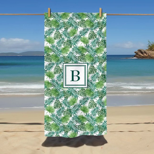 Toalla De Playa Patrón de hojas de palma tropicales monogramadas (Monogrammed Tropical Palm Leaves Pattern Beach Towel)