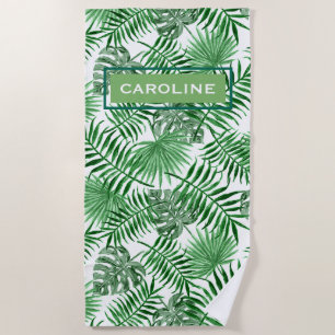 Toalla De Playa Patrón de hojas de palma verde tropical retro de c