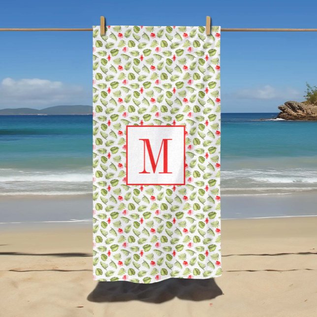 Toalla De Playa Patrón de hojas de palmeras tropicales monogramada (Pink Monogrammed Tropical Palm Leaves Pattern Beach Towel)