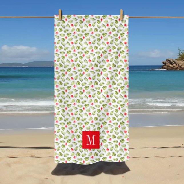 Toalla De Playa Patrón de hojas de palmeras tropicales monogramada (Pink Monogrammed Tropical Palm Leaves Pattern Beach Towel)