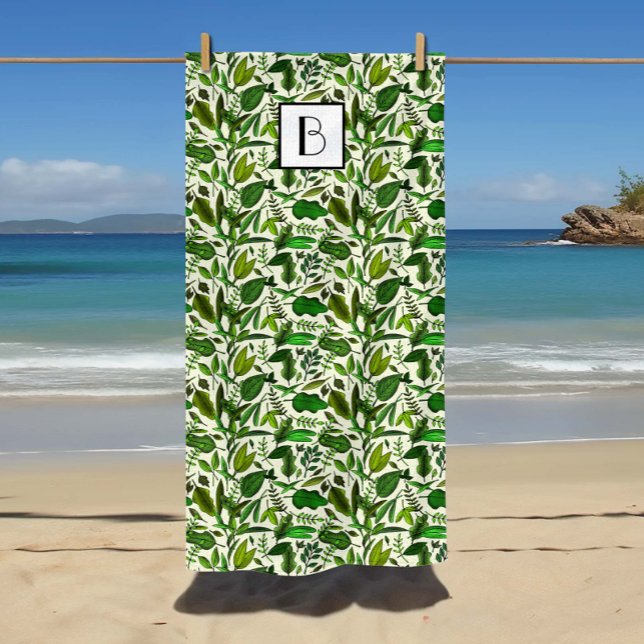 Toalla De Playa Patrón de hojas verdes monogramadas (Monogrammed Botanical Green Leaves Pattern Beach Towel)
