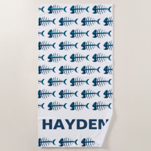 Toalla De Playa Patrón de huesos de peces azules personalizado