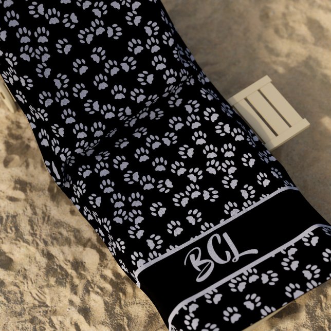 Toalla De Playa Patrón de impresión paw mascota Cat Lover Black Be (Purrfect pet paw print beach towel for the cat lover in your life. Just add their initials)