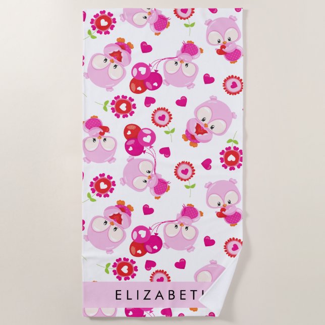 Toalla De Playa Patrón De Lechuzas, Lechuzas Cutas, Lechuzas Rosad (Anverso)