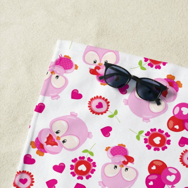 Toalla De Playa Patrón De Lechuzas, Lechuzas Cutas, Lechuzas Rosad (In situ)