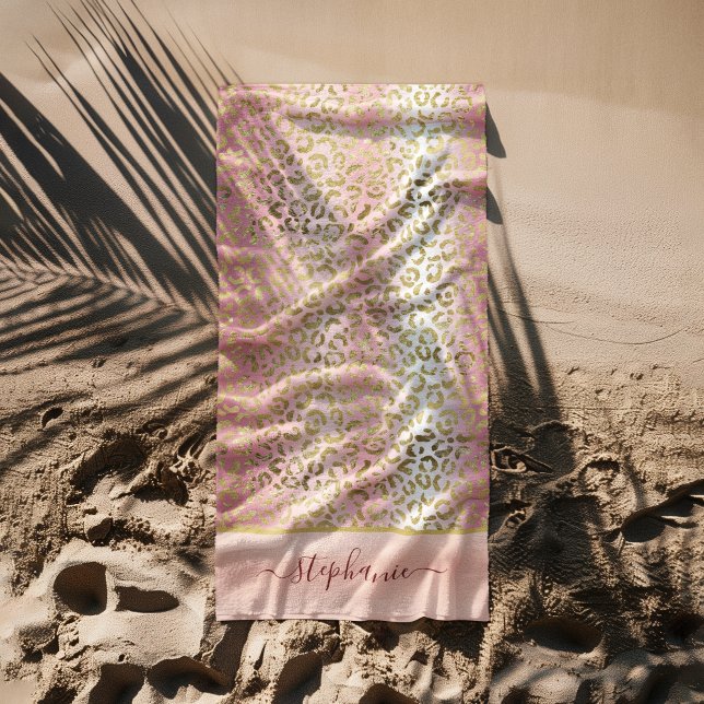 Toalla De Playa Patrón de Leopardo de oro rosa de Glam Ombre Perso (Glam Pink Ombre Gold Leopard Pattern Personalized Beach Towel)