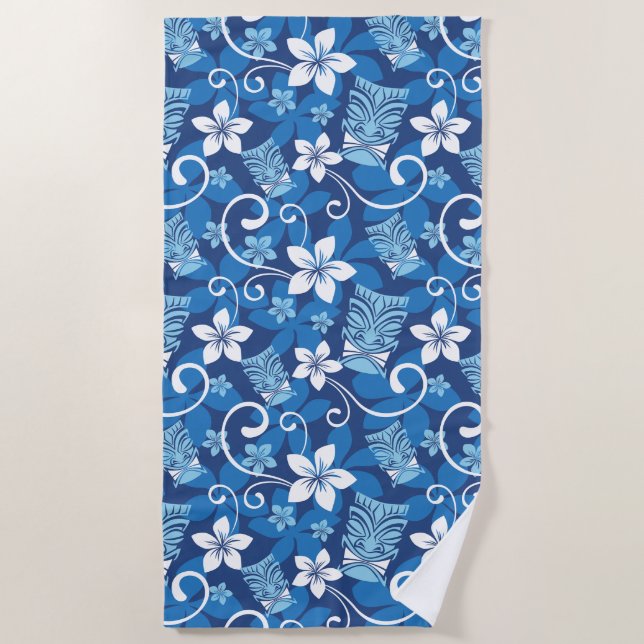 TOALLA DE PLAYA PATRÓN DE LUAU TIKI (AZUL BRILLANTE) (Anverso)
