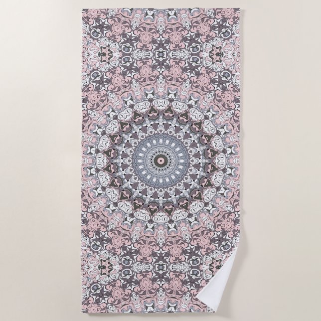 Toalla De Playa Patrón de Mandala Rosa Gris y Blanco (Anverso)