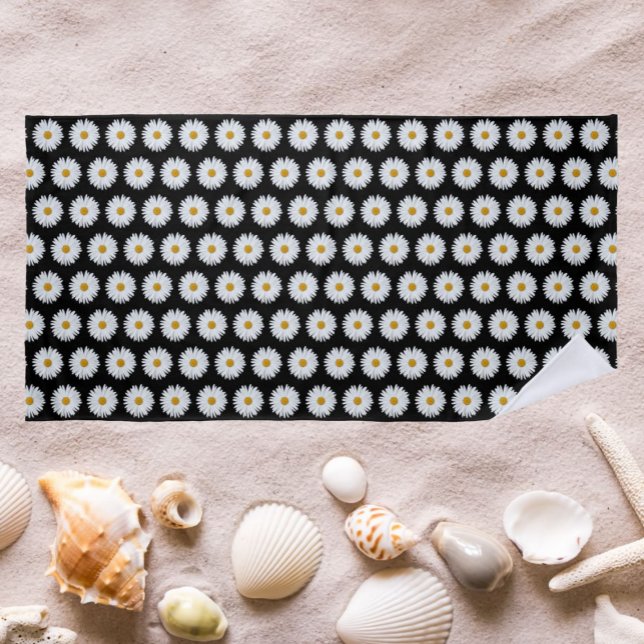 Toalla De Playa Patrón de margarita blanca en floral negra (In Situ Beach)