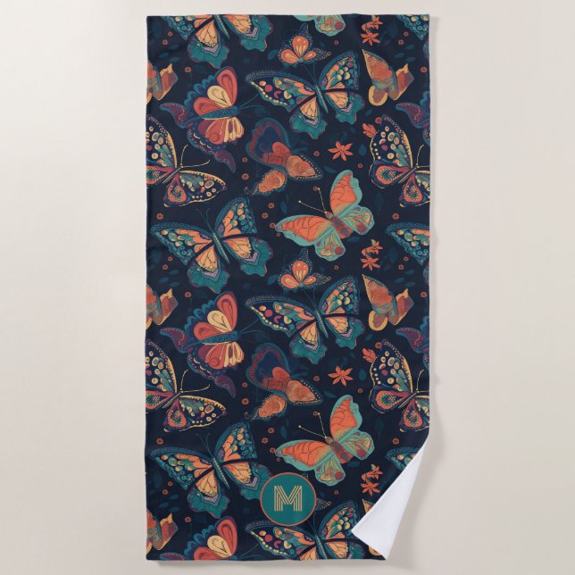 Toalla De Playa Patrón de mariposa monograma personalizado (Anverso)