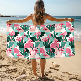 Toalla De Playa Patrón de Moda geométrica de flamenco rosado moder