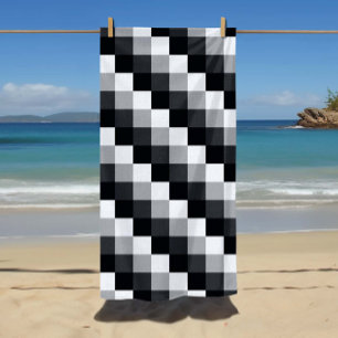 Toalla De Playa Patrón de mosaico de píxeles con cromo gris monocr