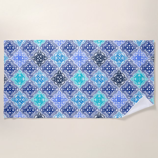 Toalla De Playa Patrón de mosaico marroquí pintado de azul (Anverso)