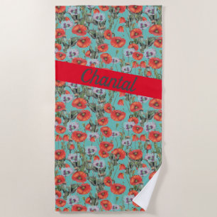Toalla De Playa Patrón de opio rojo y Aqua Personalizado