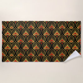 Toalla De Playa Patrón de oro y rojo Art Deco sobre negro