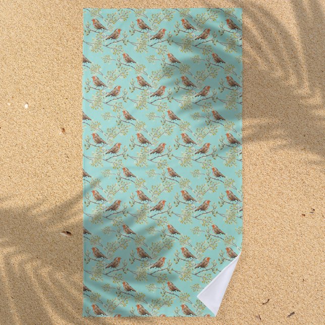 Toalla De Playa Patrón de pájaro Robin europeo pintado de época (Vintage Red Robin Pattern Beach Towel)