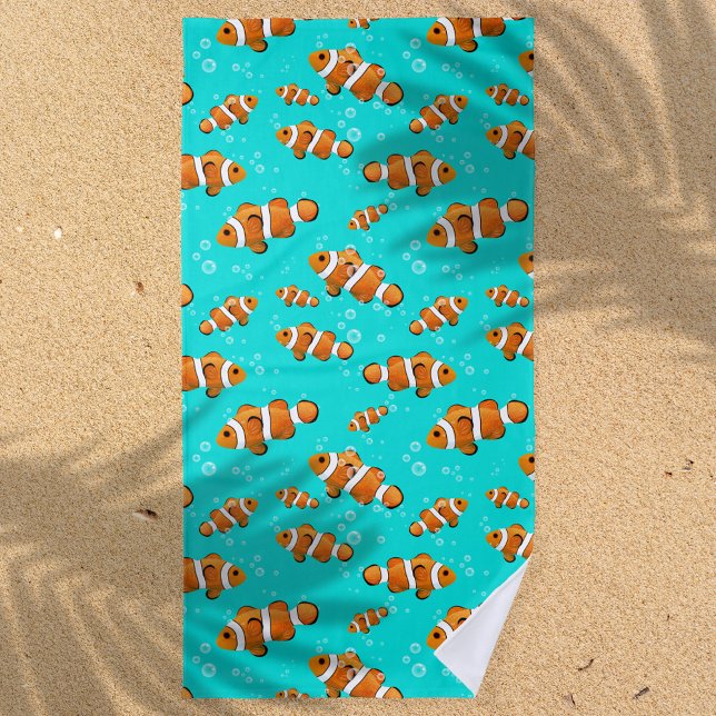 Toalla De Playa Patrón de pez globo tropical y burbujas (Tropical Clownfish Pattern Beach Towel)