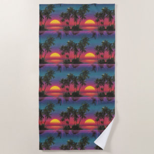 Toalla De Playa Patrón de puesta de sol de palmera Retro Synthwave